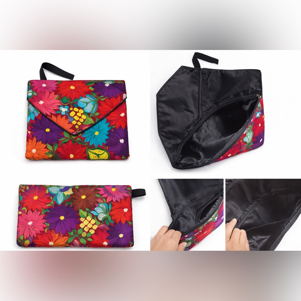 Colorful Embroidered Floral Clutch Bag Boho Foldover Wristlet Handbag - Picture 2 of 2